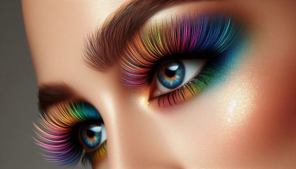 مژه‌های رنگی فانتزی روی چشم مدلی با آرایش جسورانه